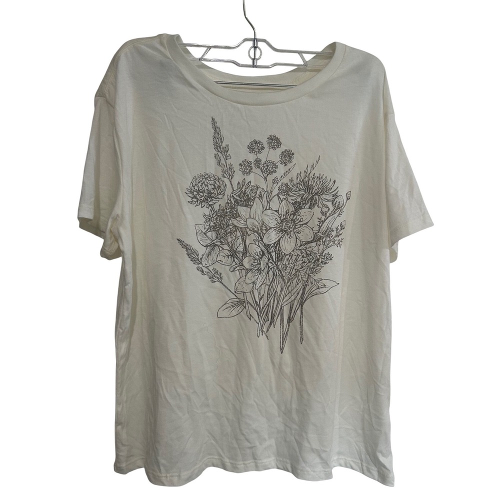 Fifth Sun Womens Large Floral Wildflower Graphic Tee Cream Short Sleeve T-Shirt